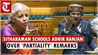 Finance Minister Sitharaman schools Congress’ Adhir Ranjan over his ‘partiality’ remarks [upl. by Orlan]