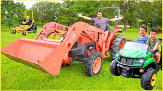 Chasing TRACTOR with kids power wheels Gator and using Riding Lawn Mower for help  Super Krew [upl. by Ahtanamas]