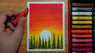 Easy Oil Pastel Sunset Forest Drawing for Beginners  Stepbystep Tutorial [upl. by Olympie]