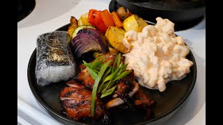 Hawaiian Plate Lunch  Grilled Teriyaki Chicken and Vegetables Macaroni Salad and Spam Musubi [upl. by Lamp574]