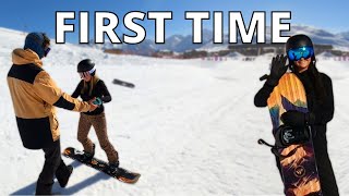 HOW TO SNOWBOARD with REAL BEGINNERS  FIRST TIME to LINKING TURNS [upl. by Aiekan]