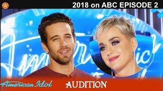 Trevor Holmes construction worker Katy Perry SWOONING BLUSHING Audition American Idol 2018 Episode 2 [upl. by Venetia]