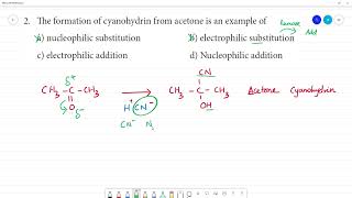 The formation of cyanohydrin from acetone is an example of a nucleophilic substitution [upl. by Tray]