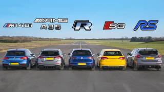 AMG A35 v BMW M140i v Golf R v Audi S3 v Focus RS  DRAG RACE ROLLING RACE amp BRAKE TEST [upl. by Glorianna480]