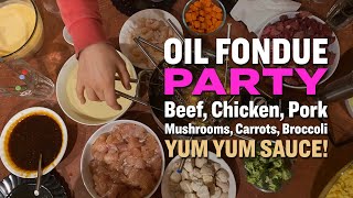 Party Food Oil Fondue with Battered Chicken Shrimp Steak and Mushrooms [upl. by Easlehc]