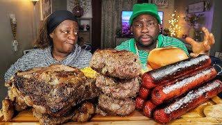 BBQ RIB EYE STEAKS BURGERS SAUSAGE LINKS TEPPANYAKI GRILL IN HOME MUKBANG COMDEDY EATING SHOW [upl. by Kirshbaum]