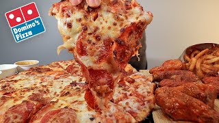 MUKBANG EATING DOMINOS SAUCY PAN PEPPERONI PIZZA BUFFALO WINGS ARBYS CRISPY CURLY FRIES ASMR [upl. by Janaye]