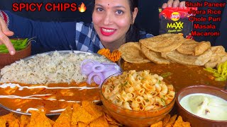 Eating Spicy🔥 Shahi Paneer Jeera Rice Chole Masala Puri Soupy Macaroni Spicy Chips  Food Show [upl. by Iow]