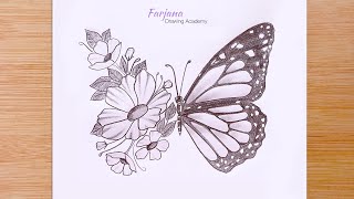 Creative Art  How to draw a combination of butterflies and flowers  Step by step Pencil Sketch [upl. by Reham460]