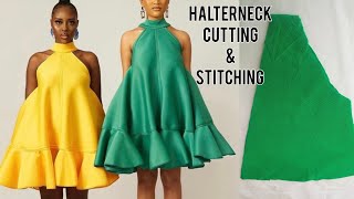 How To Cut And Sew Flare Gown With Flounce And Halter Neck Cutting And Stitching [upl. by Richardo183]