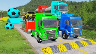 Double Flatbed Trailer Truck vs Speedbumps Train vs Cars  Tractor vs Train BeamngDrive 058 [upl. by Alia]