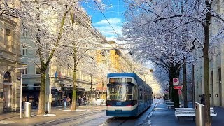 Zurich Bahnhofstrasse Snow  Sun walk ❄️ ☀️ Beautiful 4K Winter Walking Tour Switzerland 🇨🇭 2024 [upl. by Maren309]