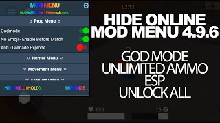 HIDE ONLINE MOD MENU 496 GOD MODE UNLIMITED AMMO ESP UNLOCK ALL [upl. by Margot]