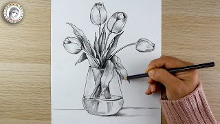 how to draw Flowers Vase  drawing  dibujo de flores  still life drawing  رسم  رسم مزهرية الزهور [upl. by Range]