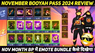 NEXT NOVEMBER MONTH BOOYAH PASS 2024 FREE FIRE NEW ELITE PASS SEASON 23 FULL REVIEW BUNDLE EMOTE FF [upl. by Eybba]