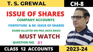 ISSUE OF SHARES TSGrewal ch8 Que no 81Forfeiture amp Reissue of shares Alloted on Pro Rata Basis [upl. by Anital]