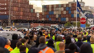 Port workers strike on both sides of the border in potentially crippling job action [upl. by Cha550]