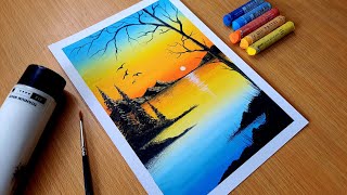 Oil Pastel Sunset Scenery Drawing for Beginners  SUNSET OVER CALM LAKE  Landscape DrawingShezART1 [upl. by Meara]