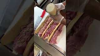 GIANT Corned Beef Mozzarella MUTZ Sandwich at Fiores Deli Hoboken New Jersey [upl. by At]