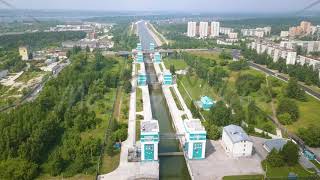 The shipping gateway of the Novosibirsk hydroelectric power station on the Ob River From Drone [upl. by Lumpkin]