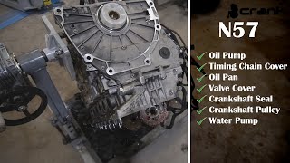 BMW N57 Timing Chain Cover Oil Pump Oil Pan Valve Cover Crankshaft Seal Water Pump Installation [upl. by Aramoy]