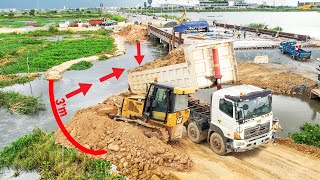 Engineering Construction Side Slope Bridge Bulldozer CAT D3X Building Technology Truck Dumping Soil [upl. by Amalle992]