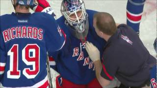 Lundqvist takes a puck to the shoulder vs Dallas 1213  HD [upl. by Ladnyc]