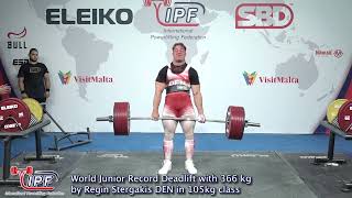 World Junior Record Deadlift with 366kg and Total with 9035kg by Regin Stergakis DEN in 105kg class [upl. by Voleta]