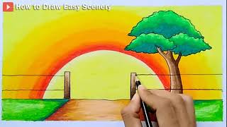 How to Draw Easy Scenery of Sunset in the Hills  Super Simple Nature Scenery Drawing Step by Step [upl. by Uriah916]