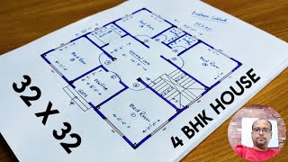 32 x 32 house plan II 4 bhk house plan II 32x32 ghar ka naksha II 32x32 house design [upl. by Troy]