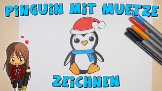 Pinguin mit Weihnachtsmütze einfach malen für Kinder  ab 7 Jahren  Malen mit Evi  deutsch [upl. by Sucramel]