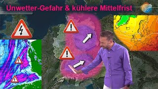 UNWETTERWARNUNG Starkregen morgen Schwergewitter möglich Mittelfrist danach kühler und auch Regen [upl. by Eanad658]