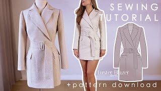 Blazer Style Dress With Quilted Belt Sewing Tutorial  Pattern Download Luster Blazer Dress [upl. by Garik]