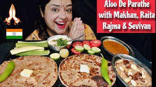 COOKING amp EATING ALOO KE PARATHE WITH MAKHAN RAITA RAJMA amp MEETHI SEVIYAN❤️  Veg Mukbang [upl. by Ahseinod]