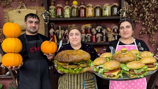 GRANDMA COOKING THE BEST BURGER IN THE VILLAGE WITH PUMPKIN AND CHICKEN [upl. by Sikras795]