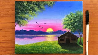 Country Sunset Scenery Painting for beginners  Acrylic Painting  Canvas Painting [upl. by Nielson]