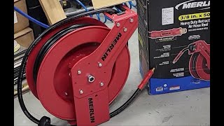 Harbor Freight Merlin not sponsored air hose reel installation Attaching hose reel to ceiling [upl. by Portuna]