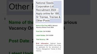 National Seed Corporation Ltd Recruitment 2024 aplly [upl. by Nylle]