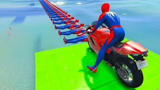 Superheroes on a motorcycle ride over the sea along the SpiderMan Bridge GTA 5 [upl. by Zuliram]