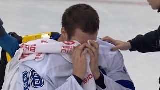 Mikhail Sergachev Stretchered Off After Reverse Hit By Alexis Lafreniere [upl. by Aicitel926]