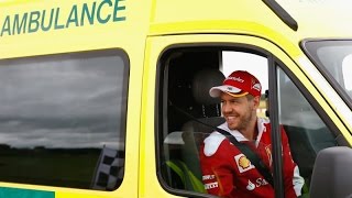 F1 2016  Sebastian Vettel drives an ambulance in a race against a Ferrari 488 GTB [upl. by Albur209]