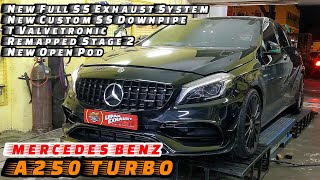 New Full SS Exhaust System Downpipe Valvetronic amp Remapped Stage 2  MERCEDES BENZ A250 TURBO [upl. by Ahsonek]