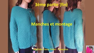 3 Tuto Tricot Cardigan Top Down Femme à empiècement arrondi au point Mousse création [upl. by Aveer769]