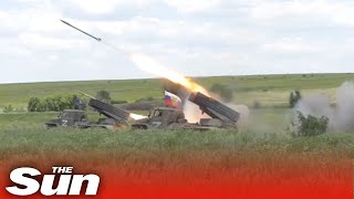 ProRussian militants fire rocket launchers at Ukrainian positions [upl. by Ellehcem]