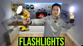 3 DeWALT Flashlights Compared DCL040 vs DCL050 vs DCL060 Spotlight vs Floodlight [upl. by Narut327]