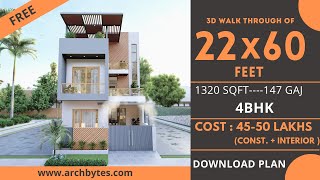 22x60 House Design 3D  1320 Sqft  147 Gaj  4 BHK  Modern Design  Terrace Garden  7x18 Meters [upl. by Reynolds]