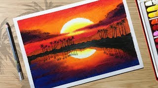 How to Draw Beautiful Sunset Scenery with Oil Pastels for beginner Step by Step [upl. by Nnaeilsel]