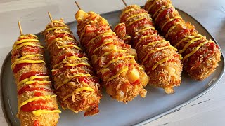 Korean Corn Dog Recipe Potatoes Breadcrumbs Ramen Cornflakes [upl. by Enenstein712]