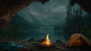 Relaxing in a Cave on a Rainy Day  Raging Fire and Heavy Rain Help You Fall into a Deep Sleep [upl. by Lever]