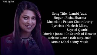 Lambi Judai Char Dino Ka Pyaar O Rabba Full Song With Lyrics By Richa Sharma [upl. by Nosnhoj]